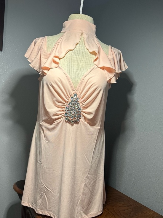 VENUS Tops - VENUS Peach Ruffle-Trim Mini Dress/long top with Rhinestone Teardrop